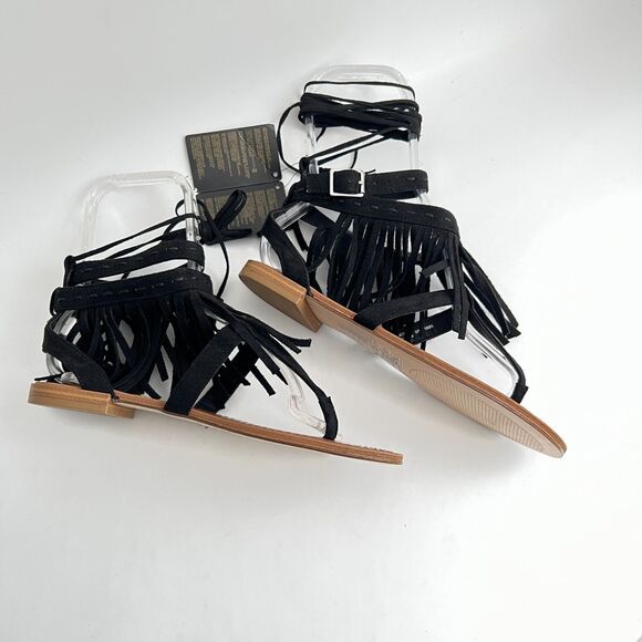 New Forever 21 Fringe Thong Sandals Up Leg Ties Black 6.5 - Picture 5 of 13